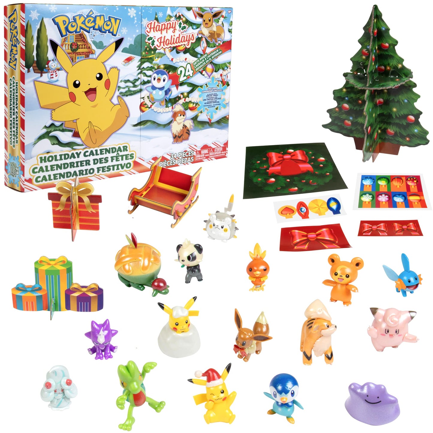 Pokemon Holiday Advent Calendar for Kids  24 Piece Gift Playset - Set Includes Pikachu  Eevee  Jigglypuff and More - 16 Toy Character Figures & 8 Christmas Accessories - Ages 4+