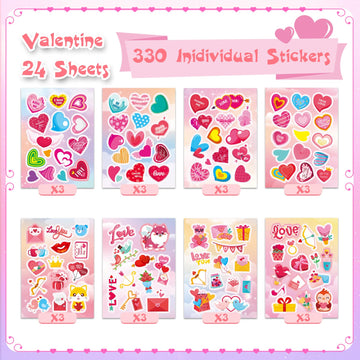 Ozepao 24 Sheets Valentines Day Stickers for Kids, 330 Pcs Valentines Stickers Bulk Stuff for Gift Cards Scrapbook Crafts Decor(
