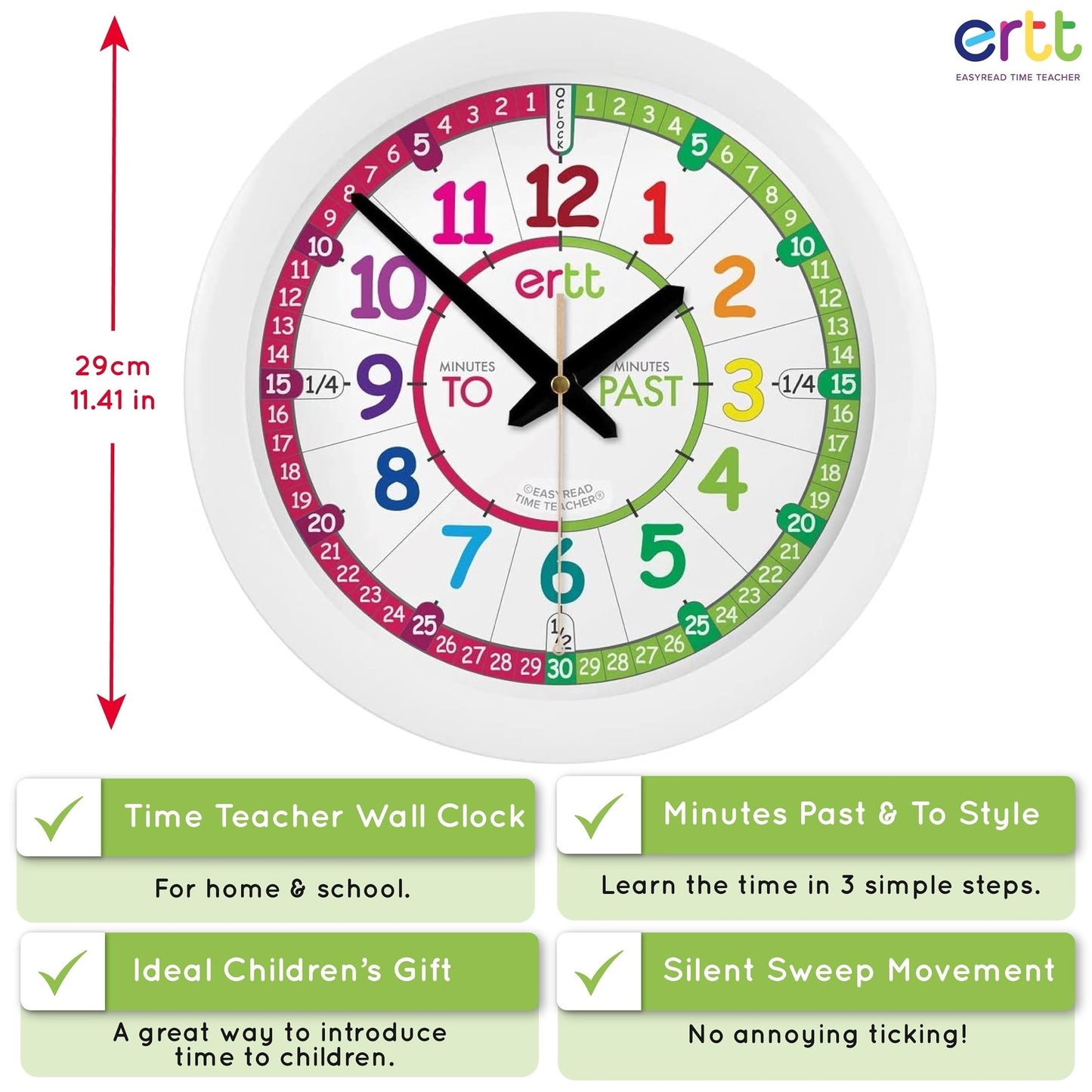 Ertt Teaching Wall Clock - Learn The Time Wall Clock - Kids Analog Clock For Classroom, Playroom, Bedroom, Educational Room Deco