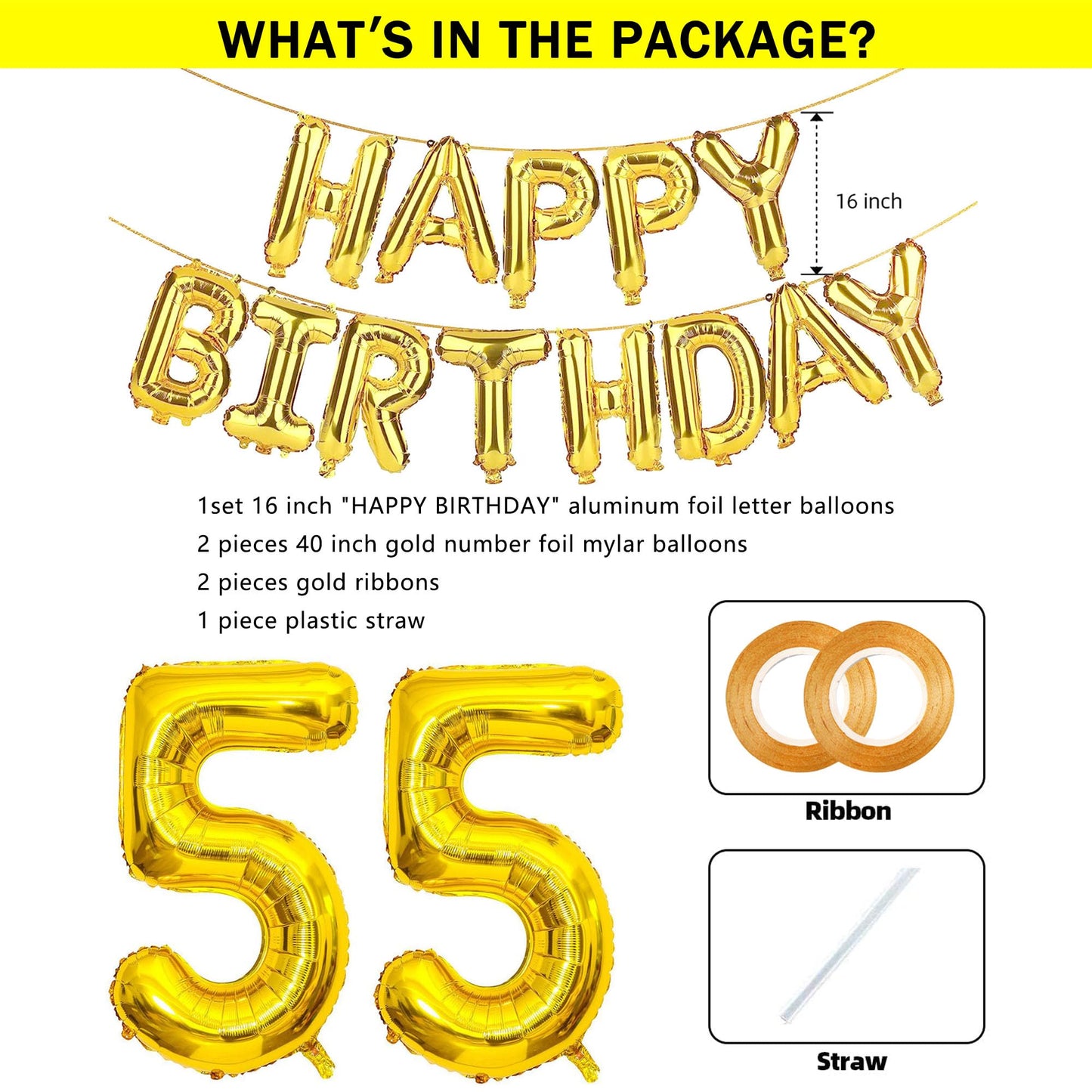SHUNTAI 55th Birthday Decorations - Gold Jumbo 55 Foil Mylar Balloons, 16"/40" Size, Happy Birthday Banner for 55 Years Old Theme Party