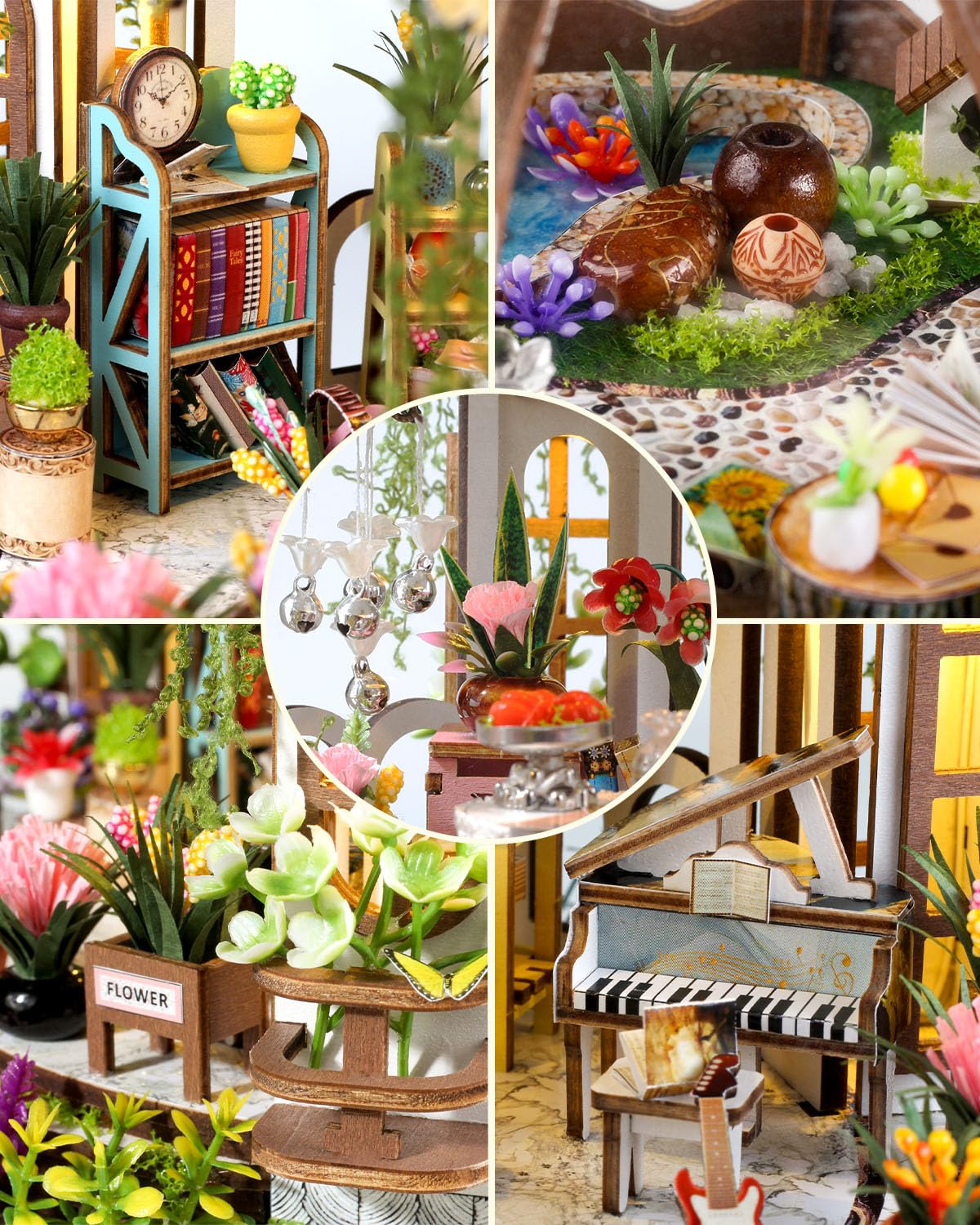 Ourmiao Miniature House Kit Hanging Garden, Diy Miniature Dollhouse Kit For Adults With Furniture & Led Lights, Wooden Craft Gif