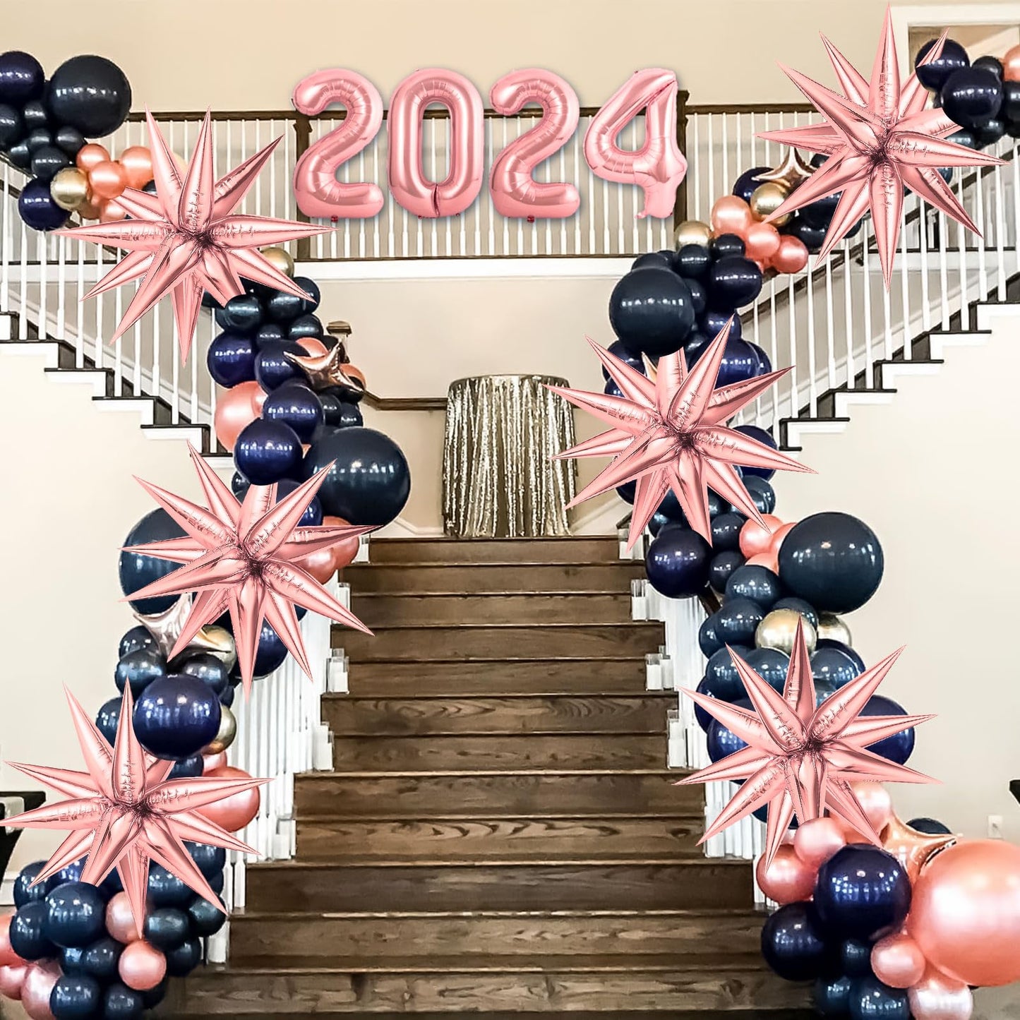 Rose Gold Star Balloons, Big 72 Pieces 26 Inch Explosion Starburst Foil Cone Balloons, 12 Point Large Starburst Balloons For Wed