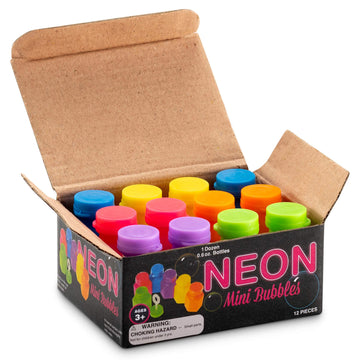 Mini Neon Party Bubbles For Kids - (Pack Of 12) Bulk Wands And Bottles For Blowing Bubbles, Birthday Party Favors, Toy Gift, Outdoor Toys, Carnival Prizes, And Goody Bag Stuffers