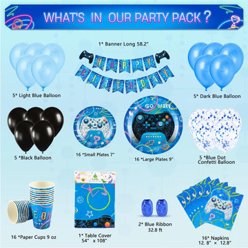 Wernnsai Video Game Party Supplies - 88 Pcs Gamer Birthday Party Decorations For Boys Family Gaming Night Tableware Set Happy Birthday Banner Tablecloth Plates Napkins Cups Balloons Serves 16 Guests