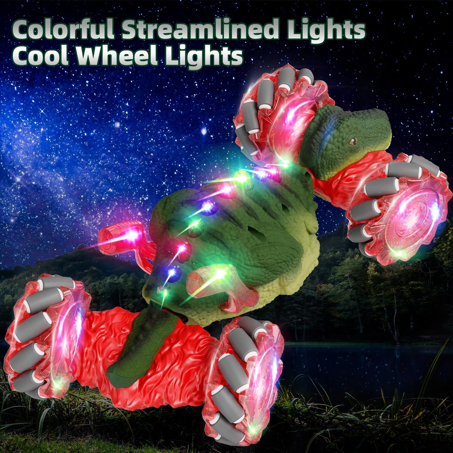 Terucle Dinosaur Remote Control Car, 2.4Ghz 4WD RC Cars with Dinosaur Sounds & Light Music, Gravity Gesture Sensing Remote Contr