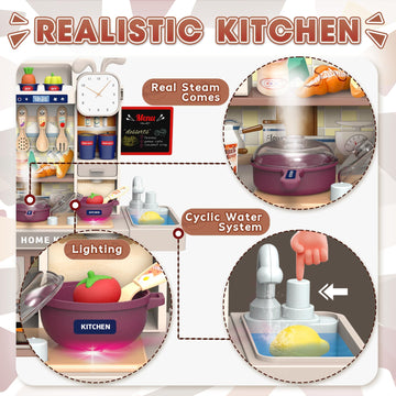 Mini Kids Kitchen Playset with Apron, Play Kitchen Toy with Realistic Steam and Lights, Play Sink and Toy Kitchen Accessories, P