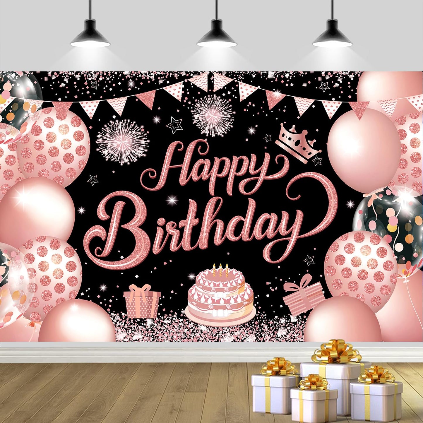YinQin 180x120 cm Black Rose Gold Happy Birthday Party Backdrops Cloth 71x47 in. Glitter Rose Gold Birthday Photography Backgrou
