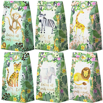 Hapibidesign Watercolor Safari Party Favor Bags - 24 Pcs Jungle Party Candy Bags With Stickers - Jungle Goodie Gift Treat Bags -