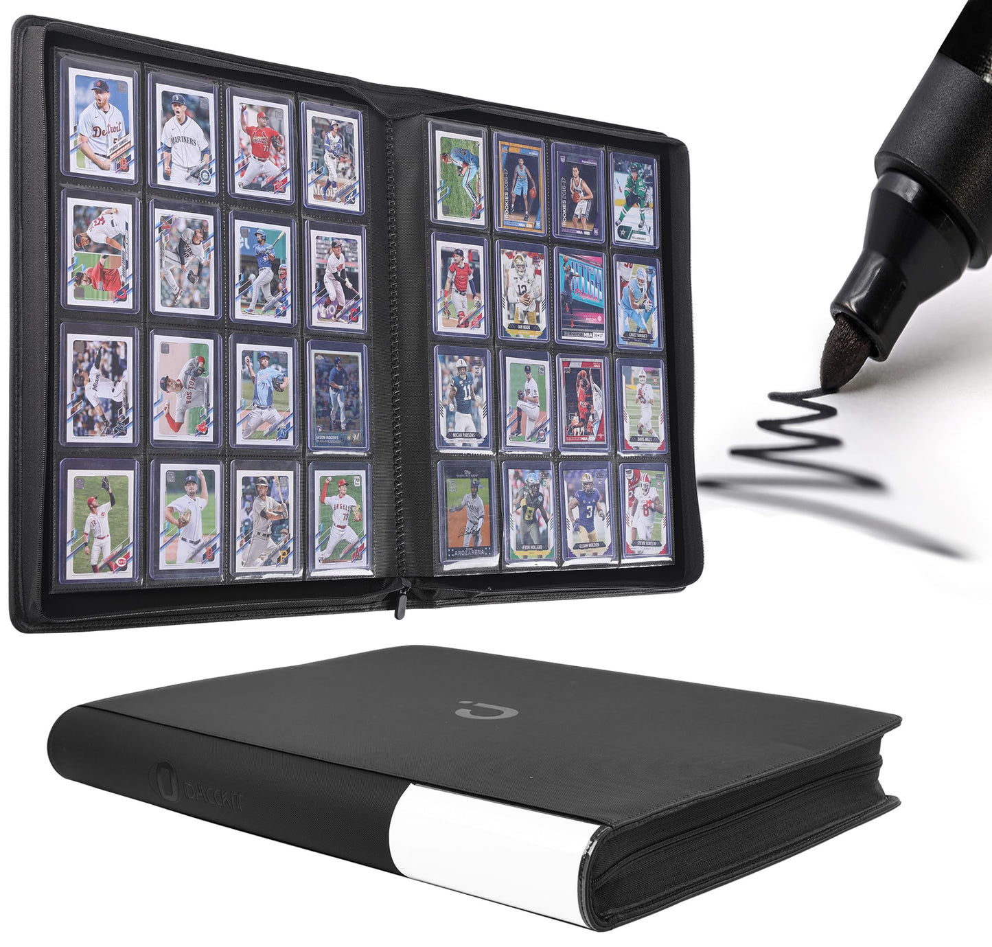 D DACCKIT Toploader Binder  Holds 640 Toploaders - 16-Pocket Top Loader Binder for 3 x 4 Rigid Card Holders for Trading Cards or Sports Cards(Model A Classic Black)