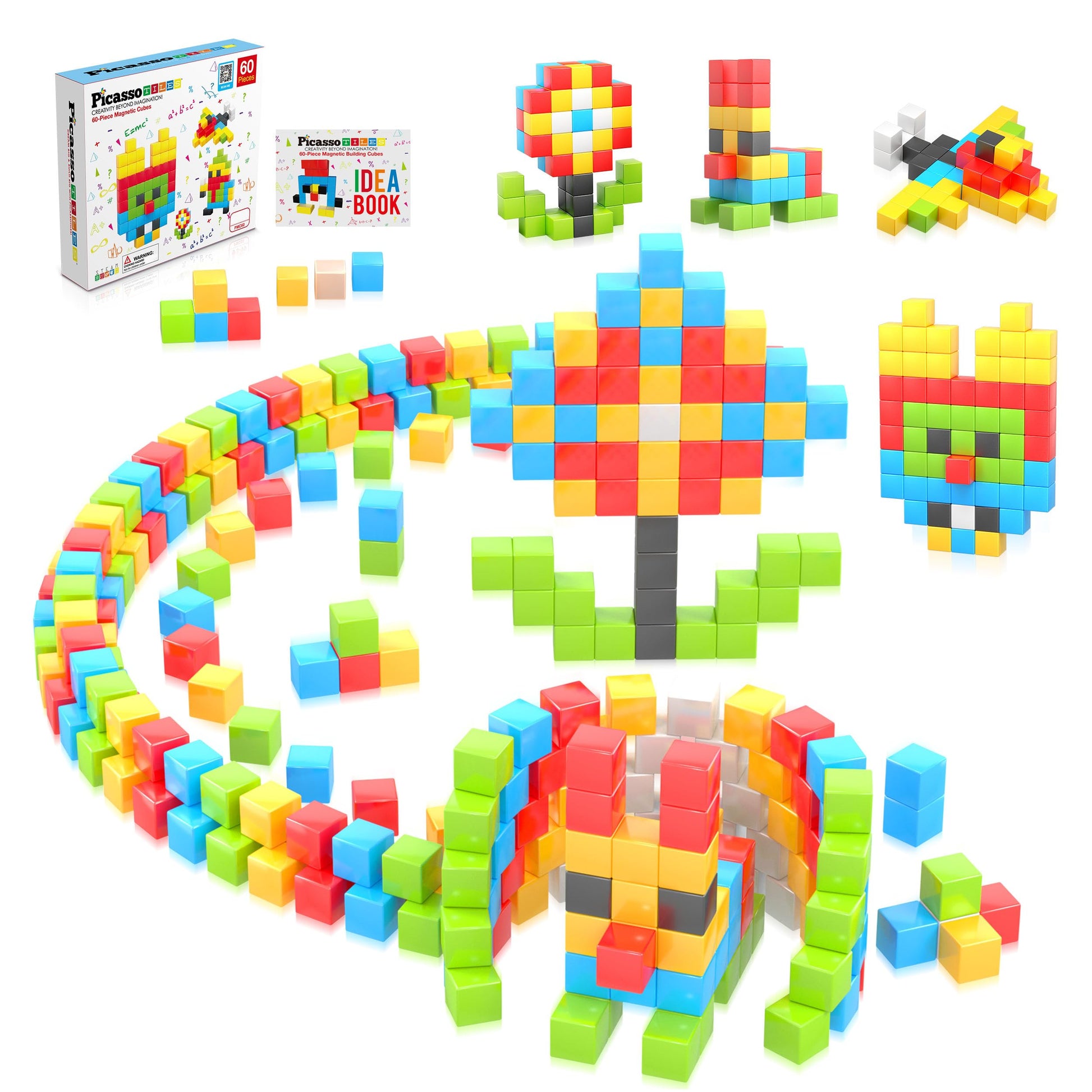 Picassotiles 60 Pieces 1'' Magnetic Building Blocks, 3D Construction Cubes Magnet Sensory Toys Gifts With Free Idea Book For Kid