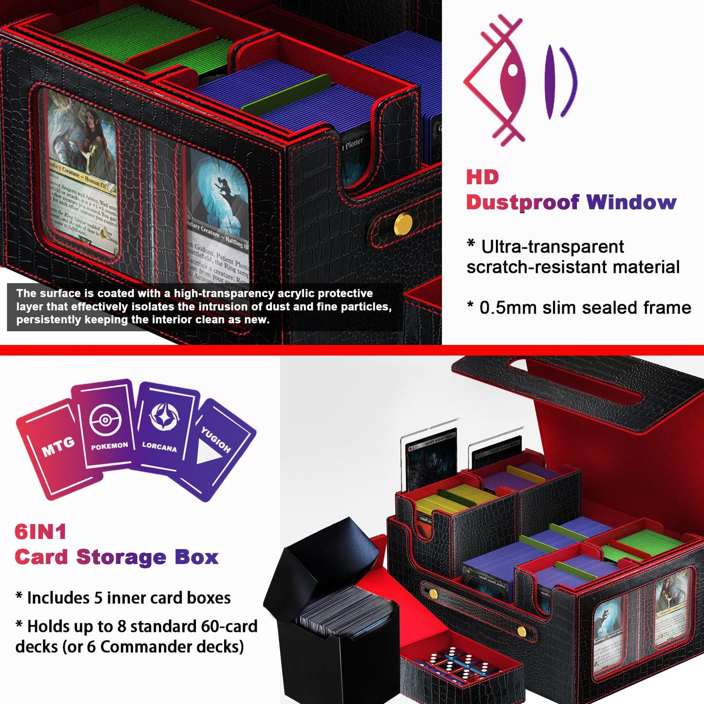 ArtBoutiq Clutch Texture Commander Deck Box for MTG  6-Deck Modular Card Case with Dice Tray  Holds 600+ Double-Sleeved Cards and 35PT Magnetic Card Holders for Trading Cards & TCG Collections