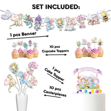 Dragons And Fairies Baby Shower Party Decoration Set, Dragon And Fairy Theme Party Supplies Bundle For Baby Shower.