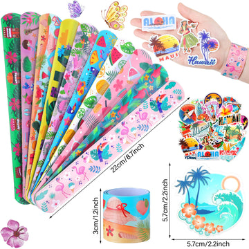 40 Pieces Hawaiian Theme Slap Bracelets with 50 Pieces Hawaii Stickers Summer Hawaii Snap Bracelet for Adult Luau Tropical Gifts