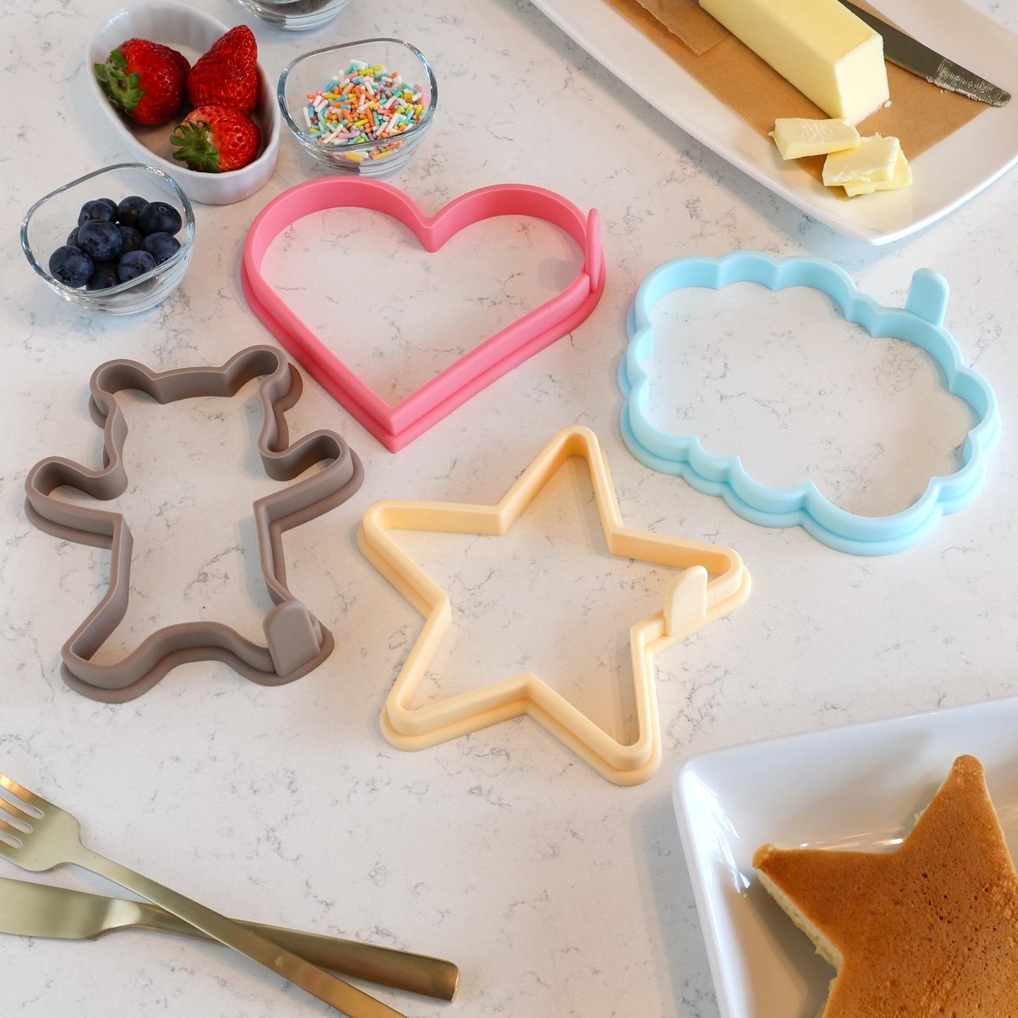 STIRLEX Silicone Pancake Molds Set of 4 - Heart, Star, Teddy Bear, Cloud Shapes - Nonstick, Kids Friendly - Pink, Blue, Yellow, Brown