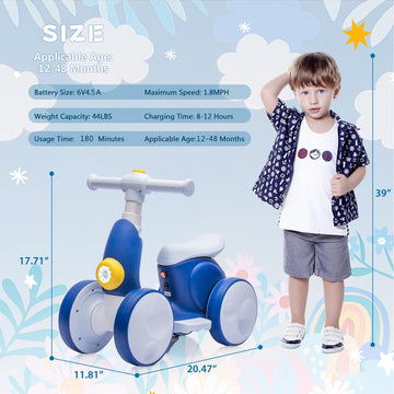 6V Electric Baby Balance Bike for 1 Year Old Boys Girls Ride on Toys 12-48 Month Toddler Balance Bike, 4 Wheels Kids First Bike