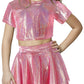 Happy Cherry 2Pcs Kids Girls Shiny Metallic Short Sleeve Crop Top With Pleated Skirt Set Dancewear Performance Costumes Rose Red