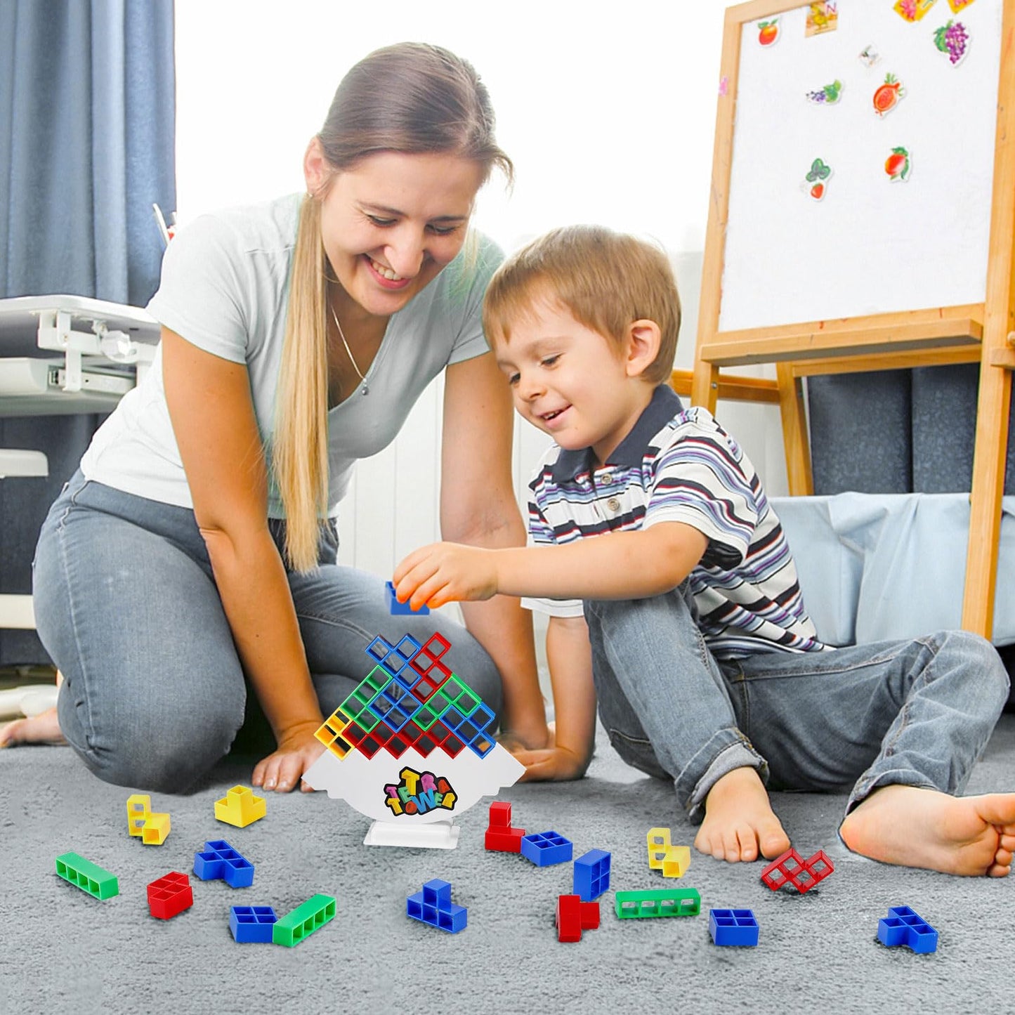 Cerbonny 48Pcs Tetra Tower Stacking Blocks Game, Board Games For Families, Parties, Travel And Team Building, Suitable For 1-4 P