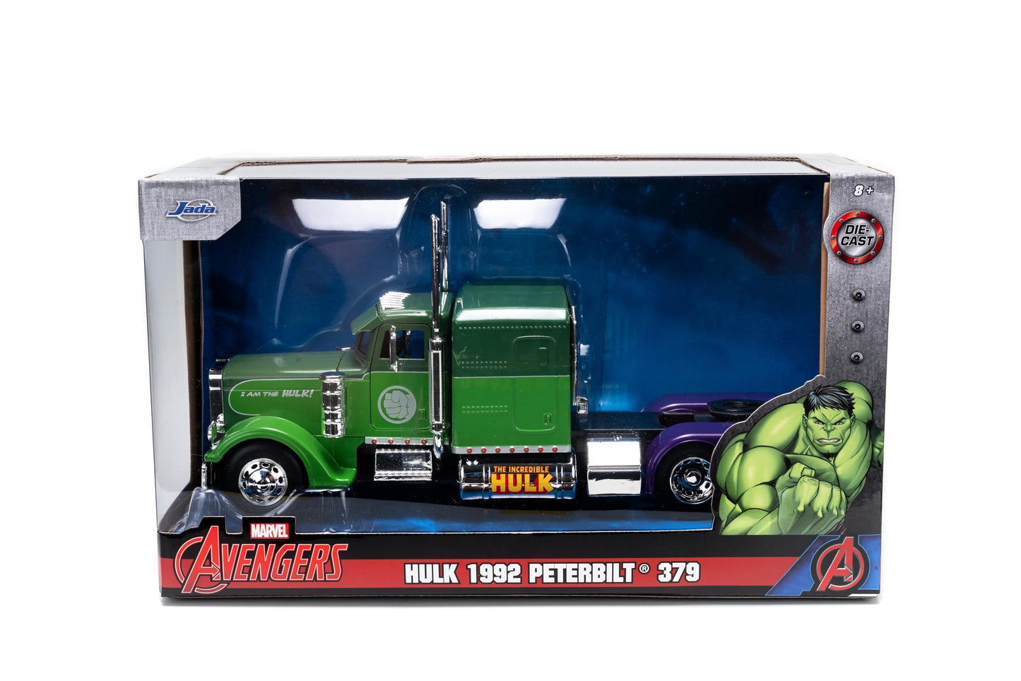 Jada Hollywood Rides 1:24 Scale Die-Cast 1992 Peterbilt 379 Big Rig Box Hulk Edition - Opening Doors, Rubber Tires, Detailed Int