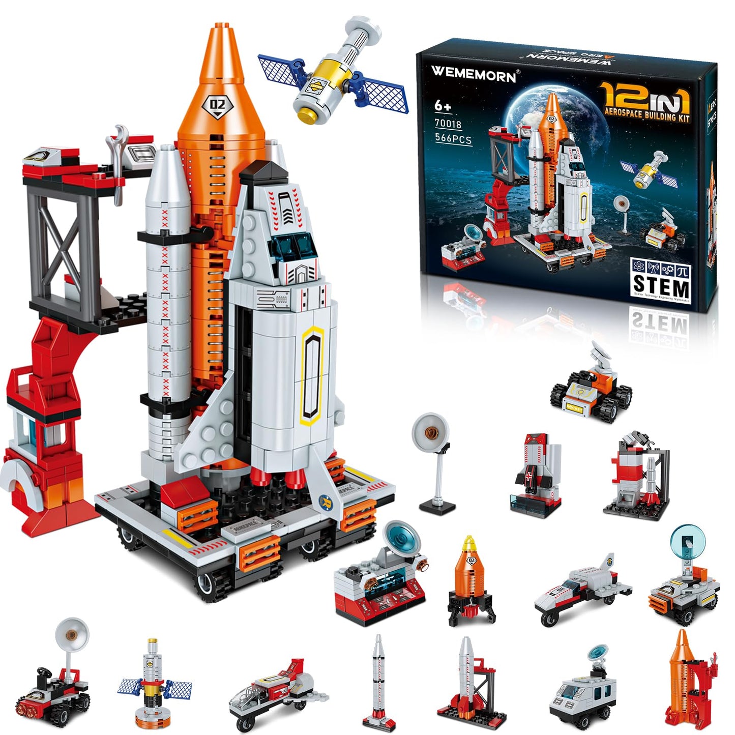 WEMEMORN Space Exploration Shuttle Rocket Toy - 12-in-1 STEM Building Blocks Kit, 566 Pieces, Multicolor, for Ages 6-12