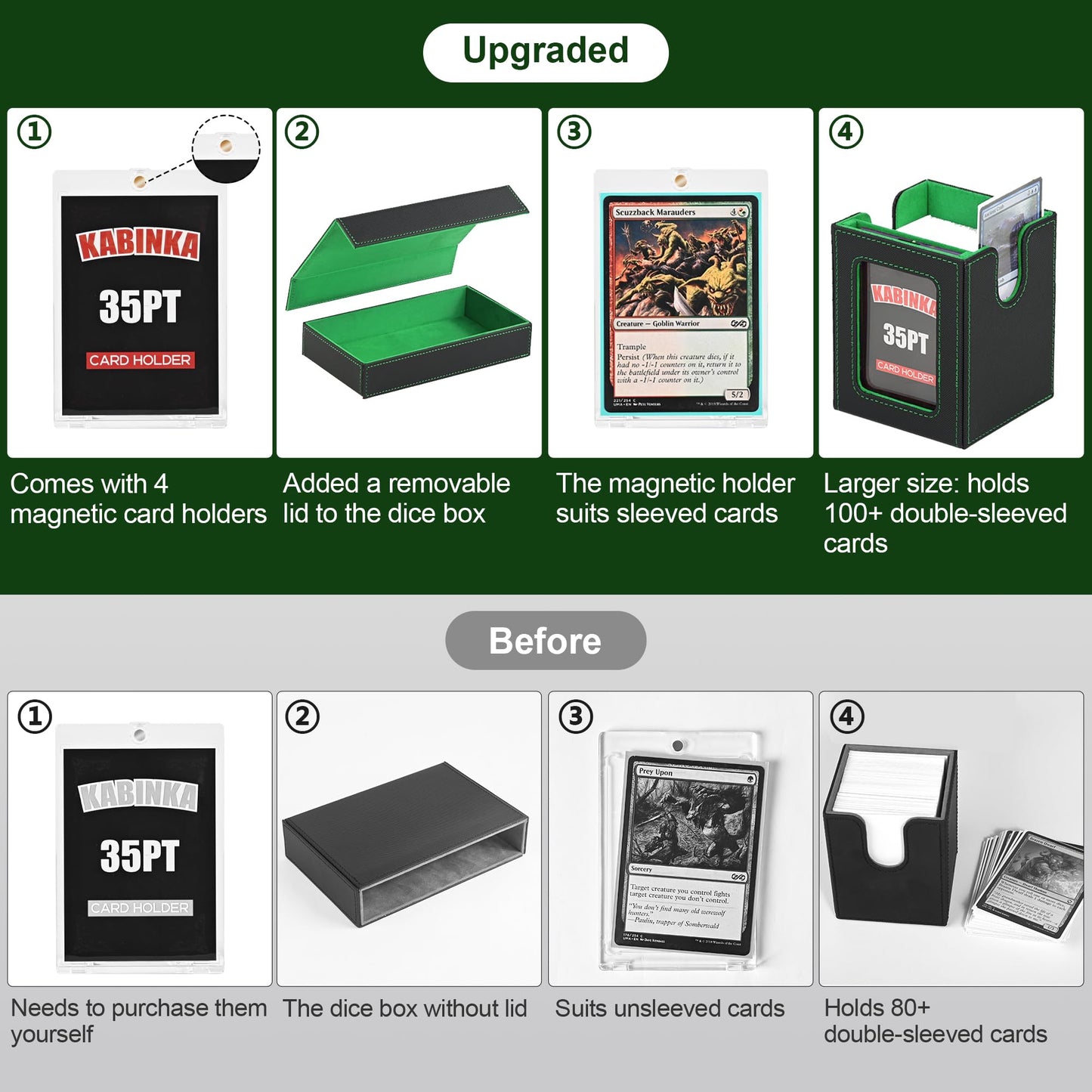 MTG Deck Box with Commander Display -protected designed Design  5 in 1 Trading Card Storage Box Fit 400 Double-sleeved Cards  Card Deck Case for TCG/Sports Cards with 4 Magnetic Card Holders(Black Green)