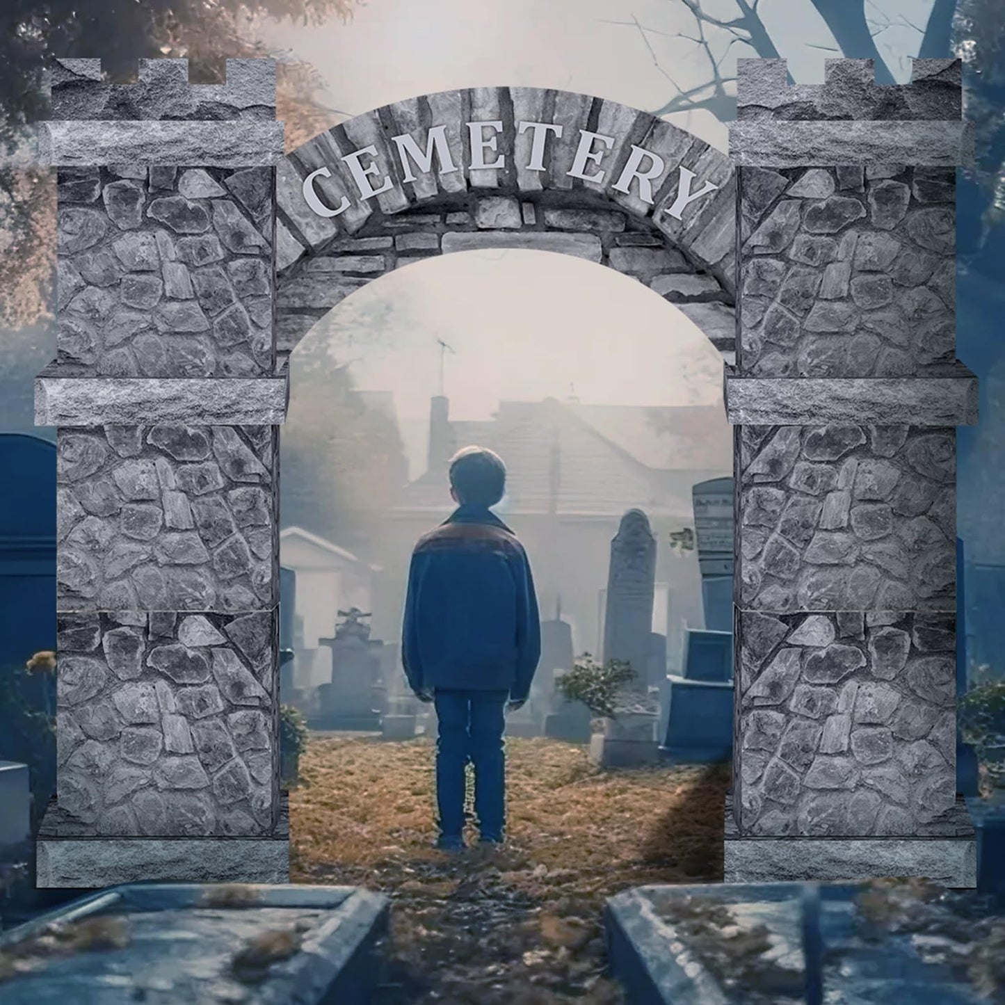 Bucherry 15 Pcs Halloween Cemetery Graveyard Decorations Cardboard Tombstone Castle with Arch 49 Inch Large Halloween Haunted Pl