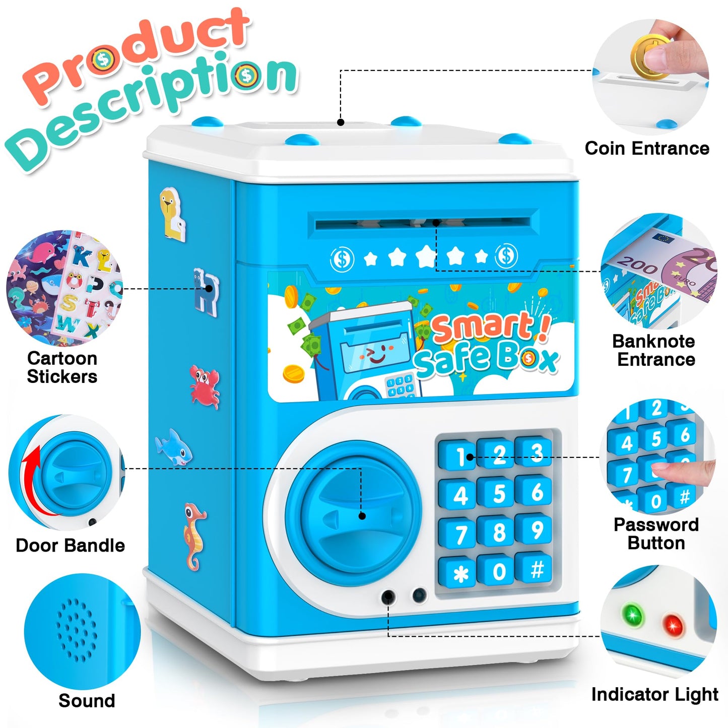Blue Piggy Bank For Kids, Electronic Coin Money Bank, Children'S Safe Money Jar Toy Age 4 7 8 9 10 11 With Password Code Lock An