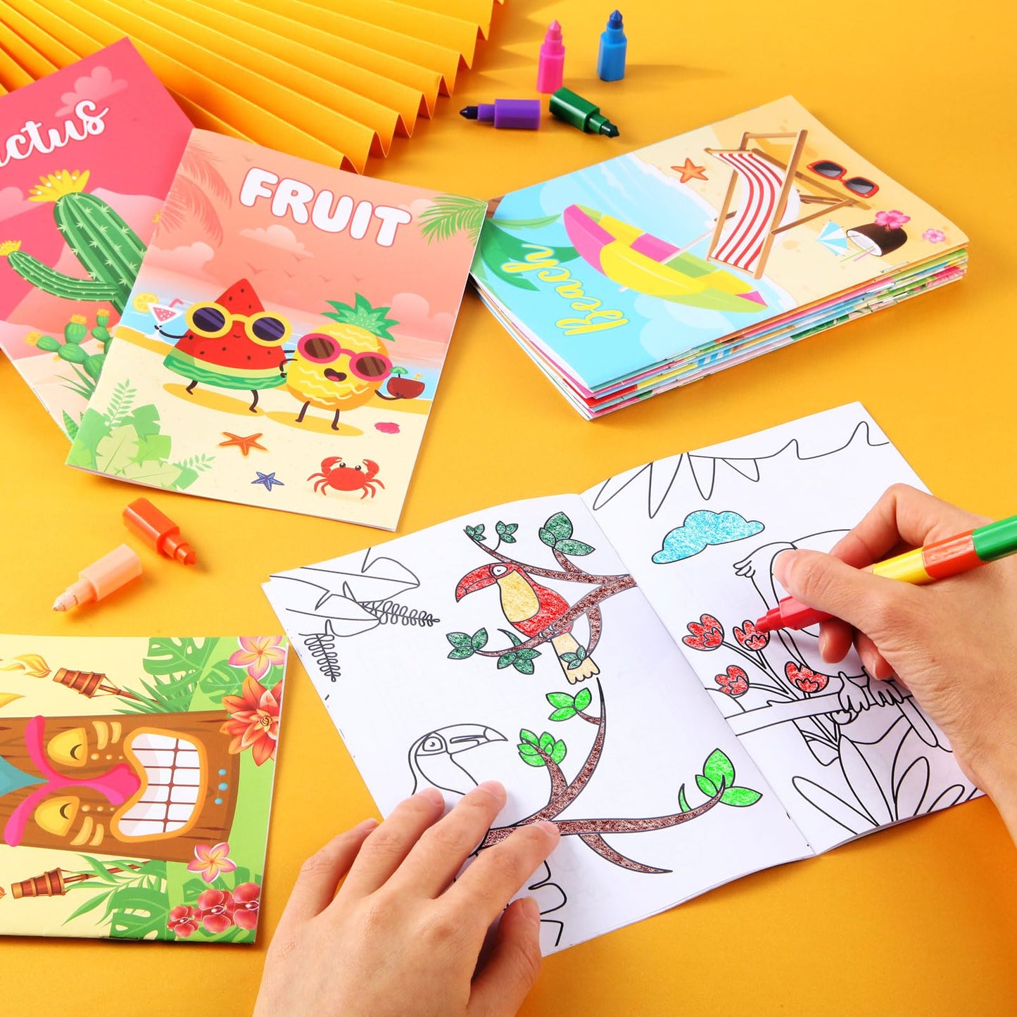 BenLouis 12 Summer Mini Coloring Books Kids with 12 Stacking Crayons Pool Beach Party Favors Small Activity Books Bulk for Kids