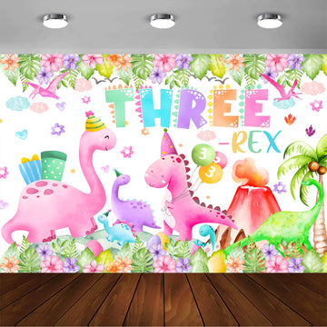 Three Rex Birthday Decorations Girl Watercolor Dinosaur 3rd Birthday Party Banner Backdrop Pink 3 Rex Dino Party Decor Supplies 