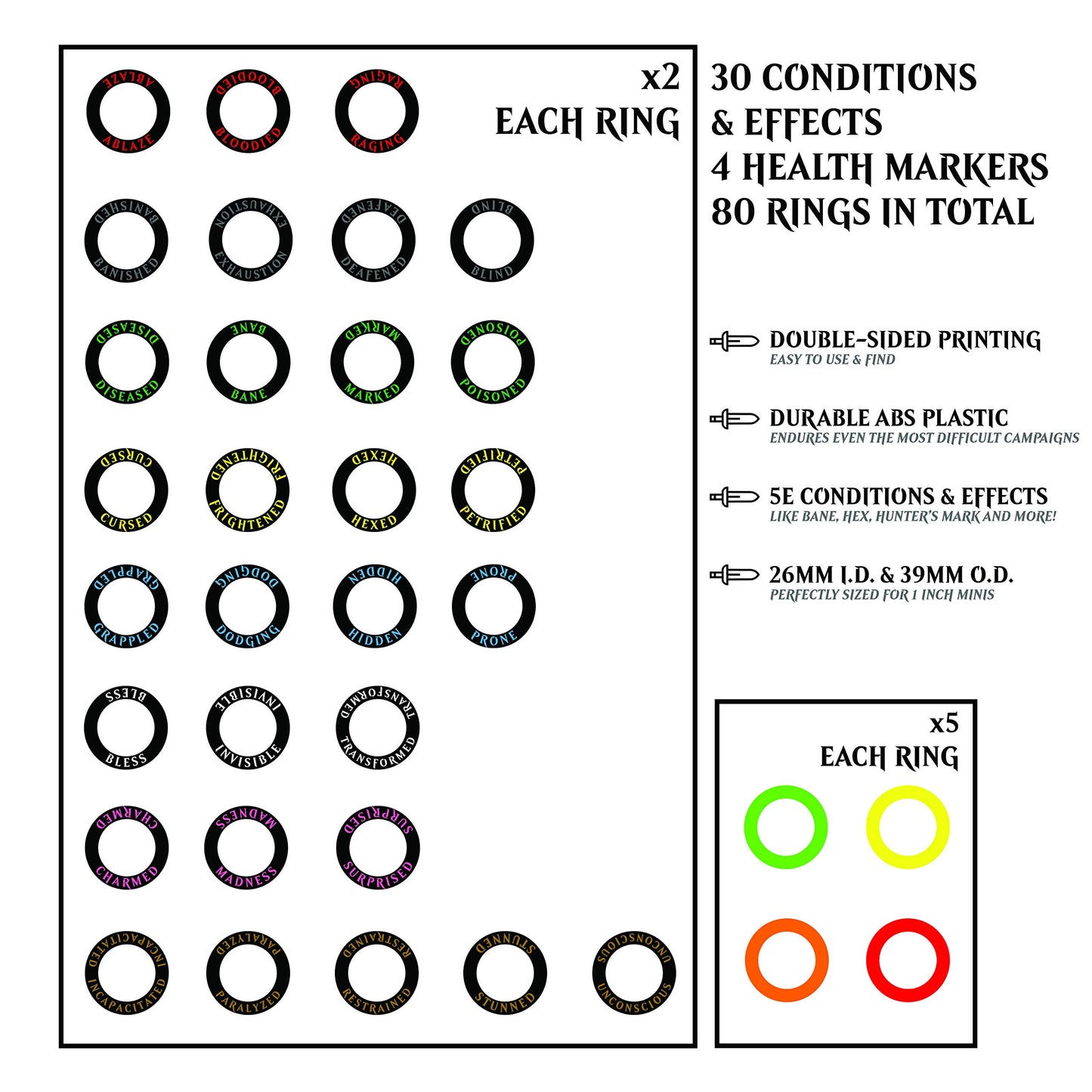 Citadel Black Health & Condition Rings - 80 Pack - Double-Sided Plastic, 30 Conditions, 4 Health Markers - D&D 5th Edition