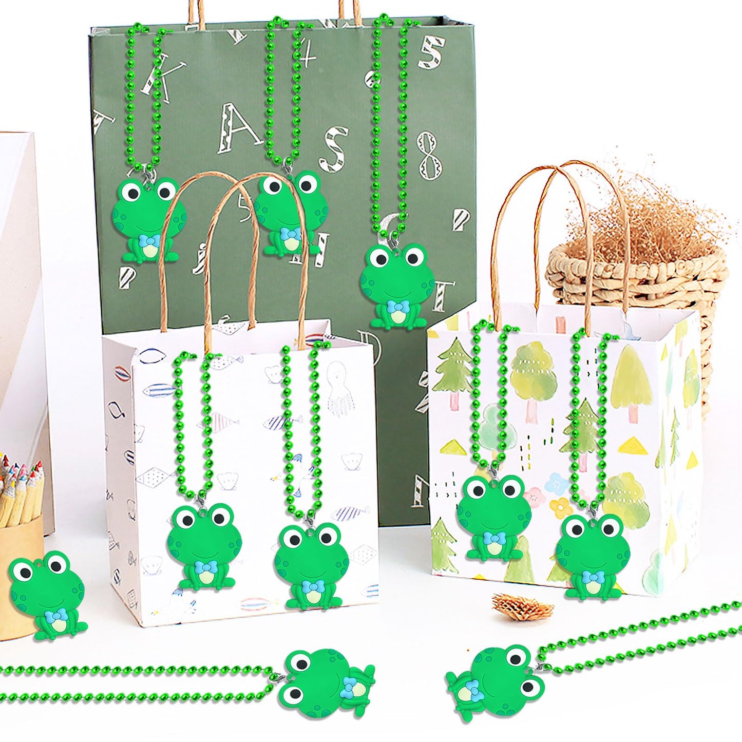 CiciBear 24 Pack Frog Necklace Party Favors with Mardi Gras Beads for Green Frog Girls Baby Shower First Birthday Reptile Campin