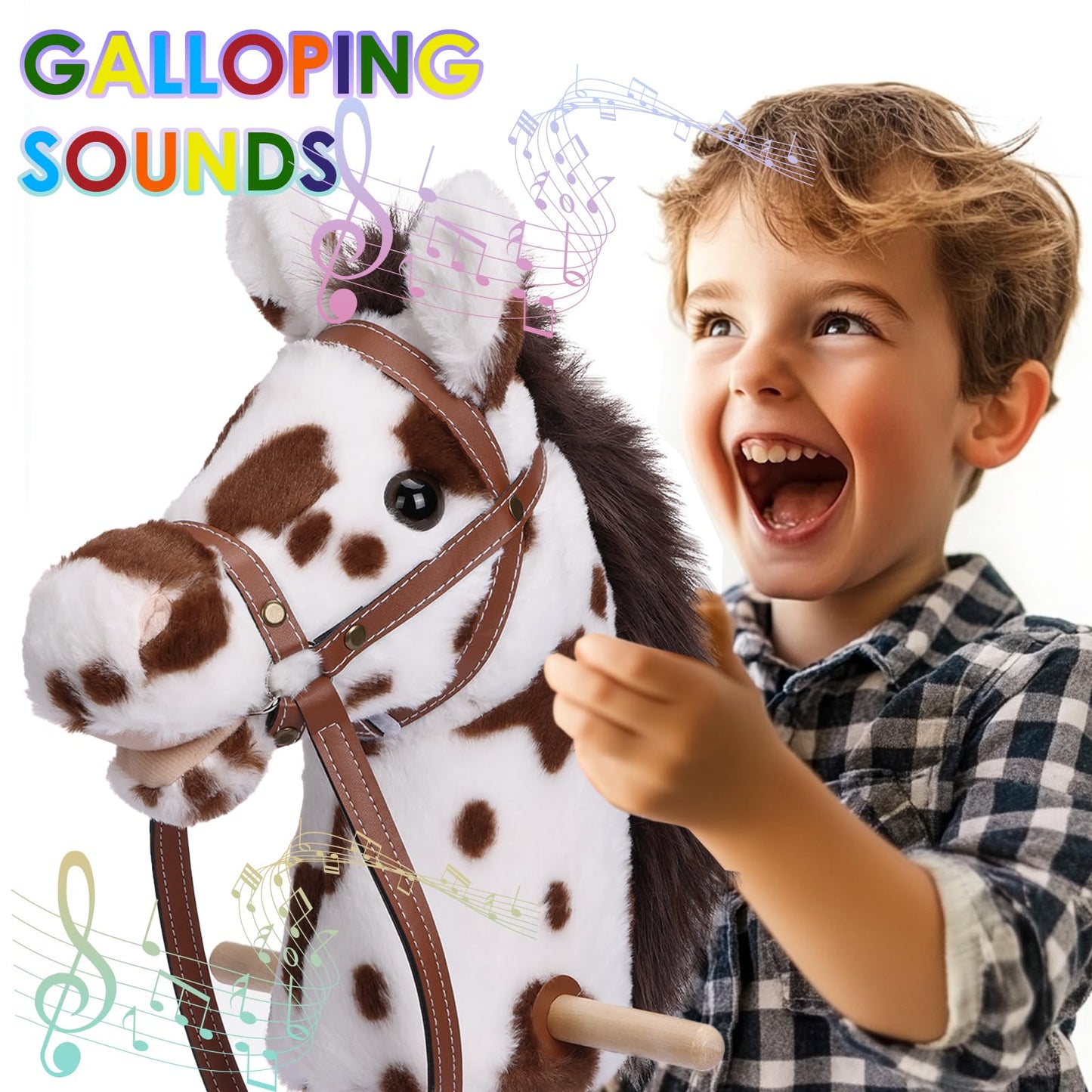 Plyfou Stick Horse With Realistic Sound Effects, Hobby Horse, Wooden Pole, Handle, And Wheels, 38    Tall Horse Toys Gift For Ki