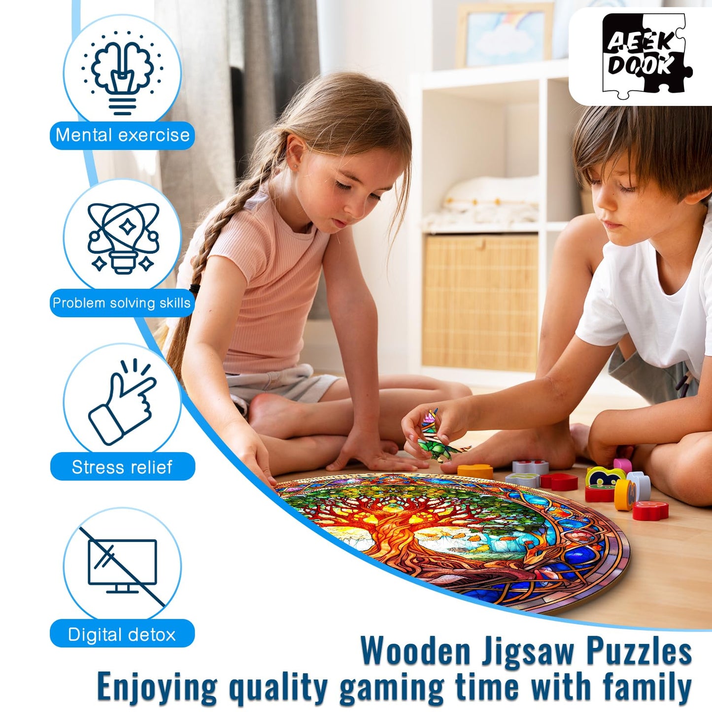 Aeekdook Wooden Puzzles for mature-themeds - Stained Glass Tree of Life Wooden Jigsaw Puzzle for mature-themeds - Unique 200-Piece Art Puzzle  enhanced Brain Teaser & Decorative Gift (11.4x11.4)