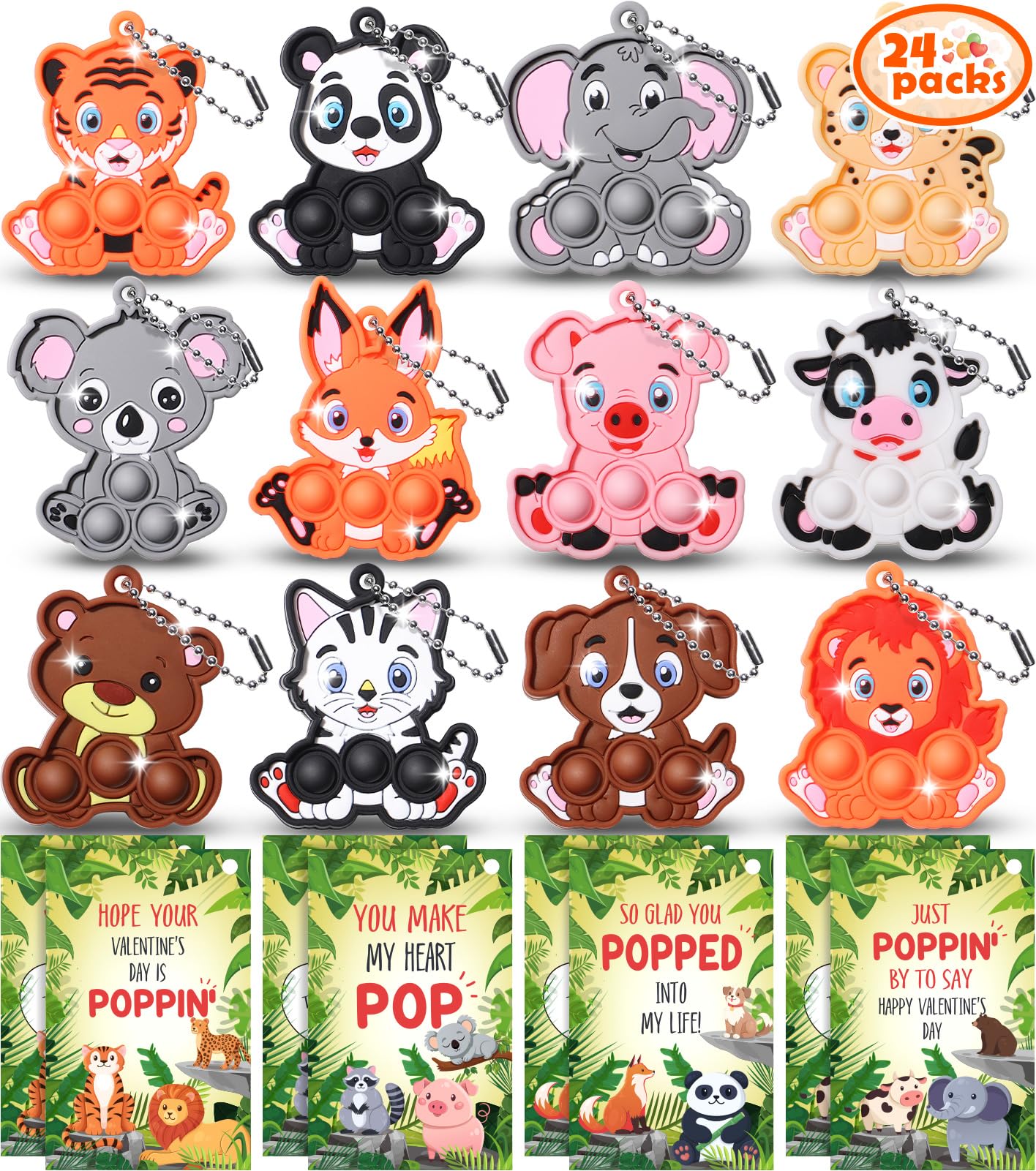 Asoulin Valentines Day Gifts For Kids, 24Pack Jungle Animals Pop Fidget Toys With Valentines Day Cards For Kids School Classroom