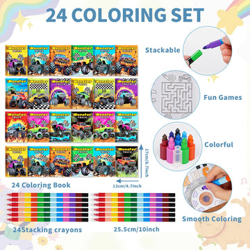 BenLouis 24 Monster Truck Mini Coloring Books Kids with 24 Stacking Crayons Monster Car Party Favors Activity Books Bulk for Kid