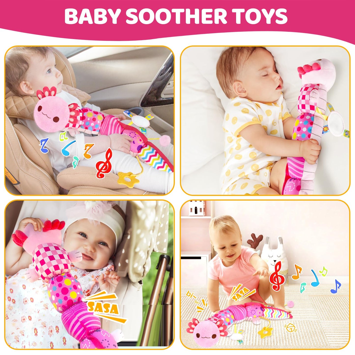 Baby Toys For 0-6 6-12 Months, Sensory Music Animal Stuffed Toy For 0 1 2 3 4 5 6+ Month, Plush Axolotl Toy With Crinkle And Rattles For Infant Newborn, Tummy Time Toys Gifts For 0-3-6-12 Month, Pink