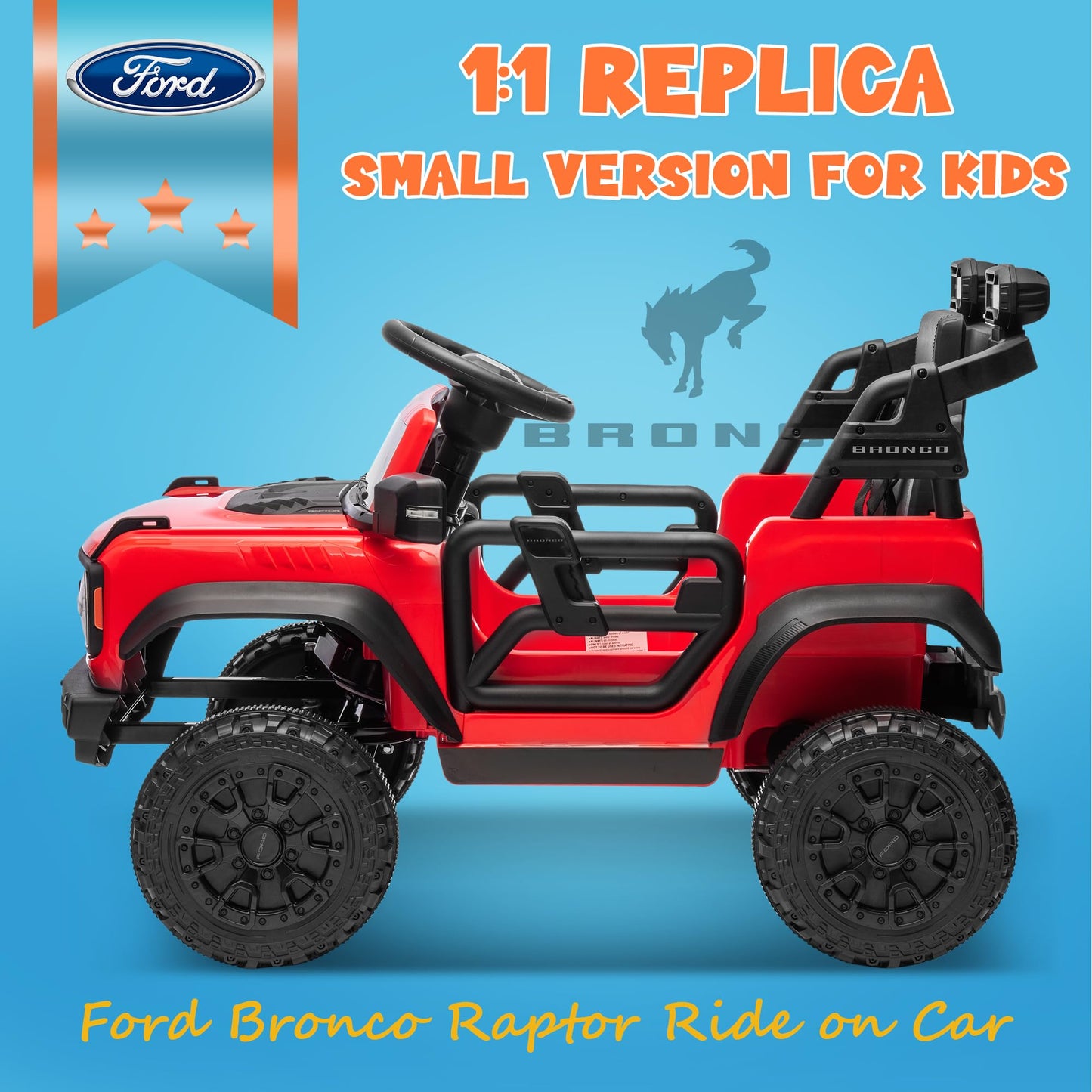 Enyopro 12V Kids Ride On Car With Remote Mode, Licensed Ford Bronco Raptor Electric Car For Toddlers, Battery Powered Ride On To