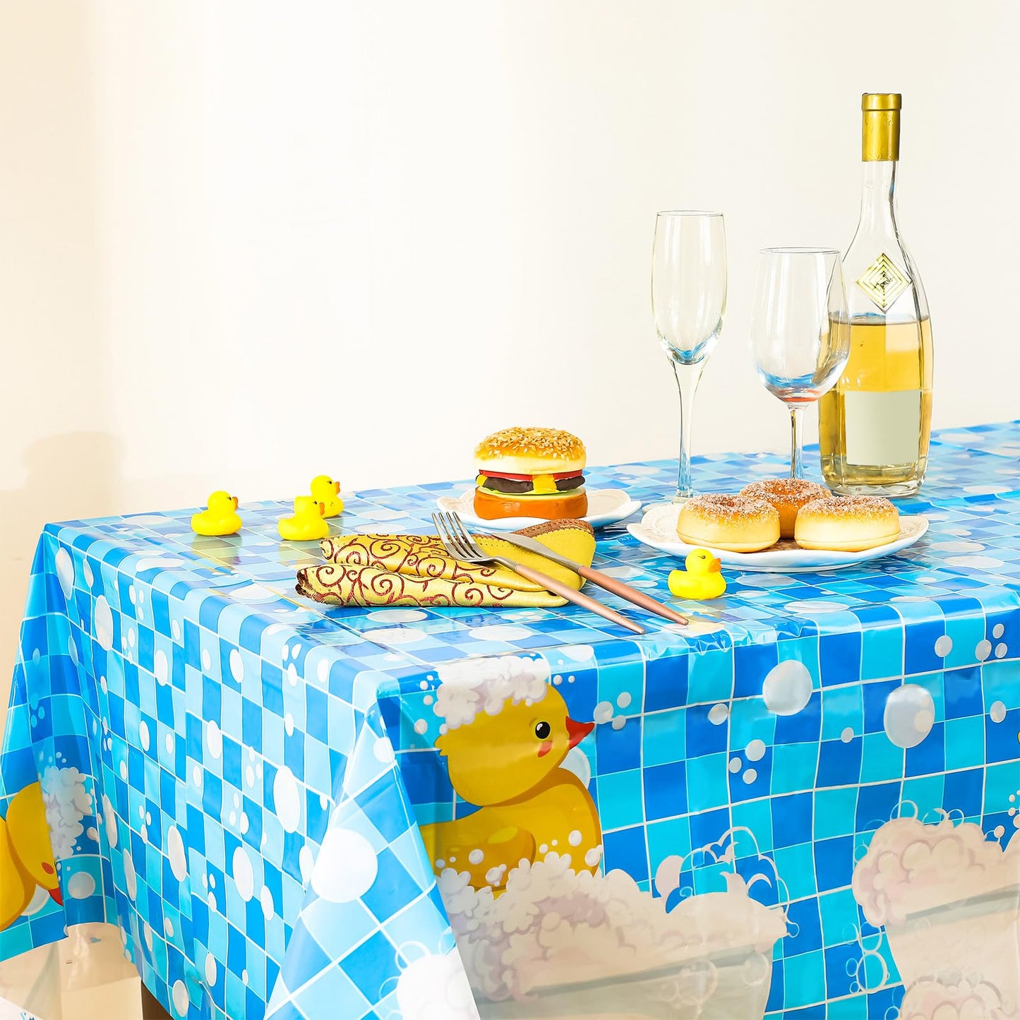 Oudain 3 Pcs Yellow Duck Tablecloth Cute Bubble Rubber Ducky Table Cover Disposable Duck Birthday Decorations Plastic Duck Table