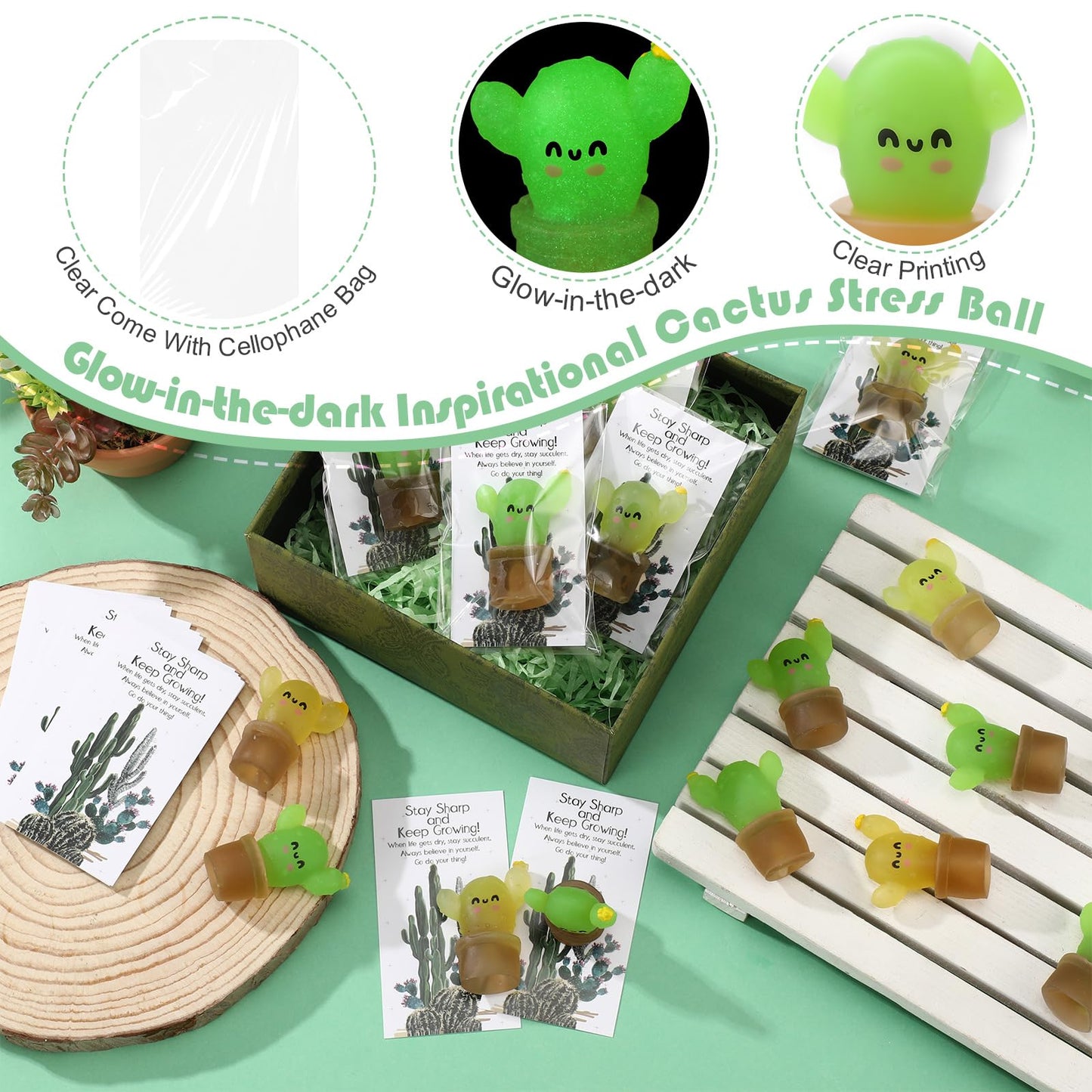 Wettarn Mini Cactus Stress Balls - 30 Sets, Green & Yellow, TPR Material, Funny Appreciation Gifts for Coworkers & Employees