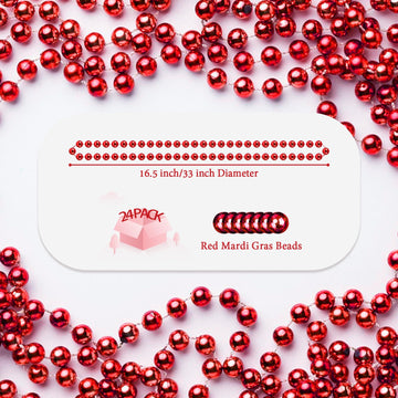 YAXINRUI 24 PCS Red Bead Necklaces, Red Christmas Mardi Gras Bead Necklaces, Red Valentine Necklace, 33 Inch Round Beaded Neckla