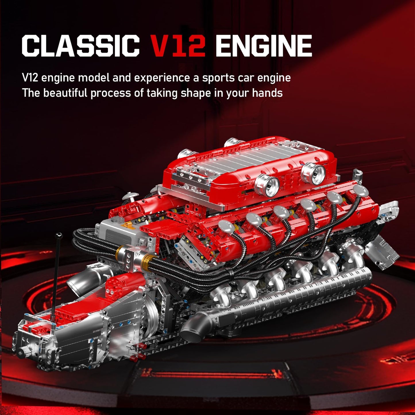 Mould King V12 Engine Model Kit - 3472 PCS STEM Building Blocks, Red, Plastic, WX10169-LZUSYL, Includes Battery & Motor