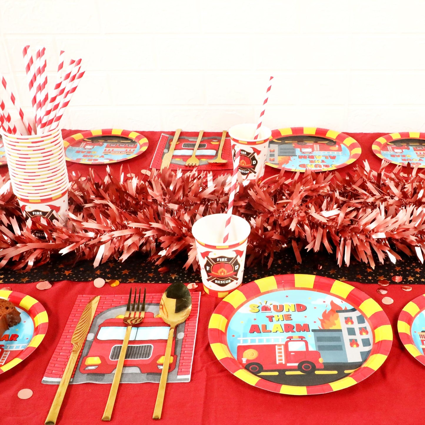 Firetruck Birthday Party Supplies Decorations, Fire Truck Theme Paper Plates And Napkins Set For 24 Guests, 120 Pcs Disposable F