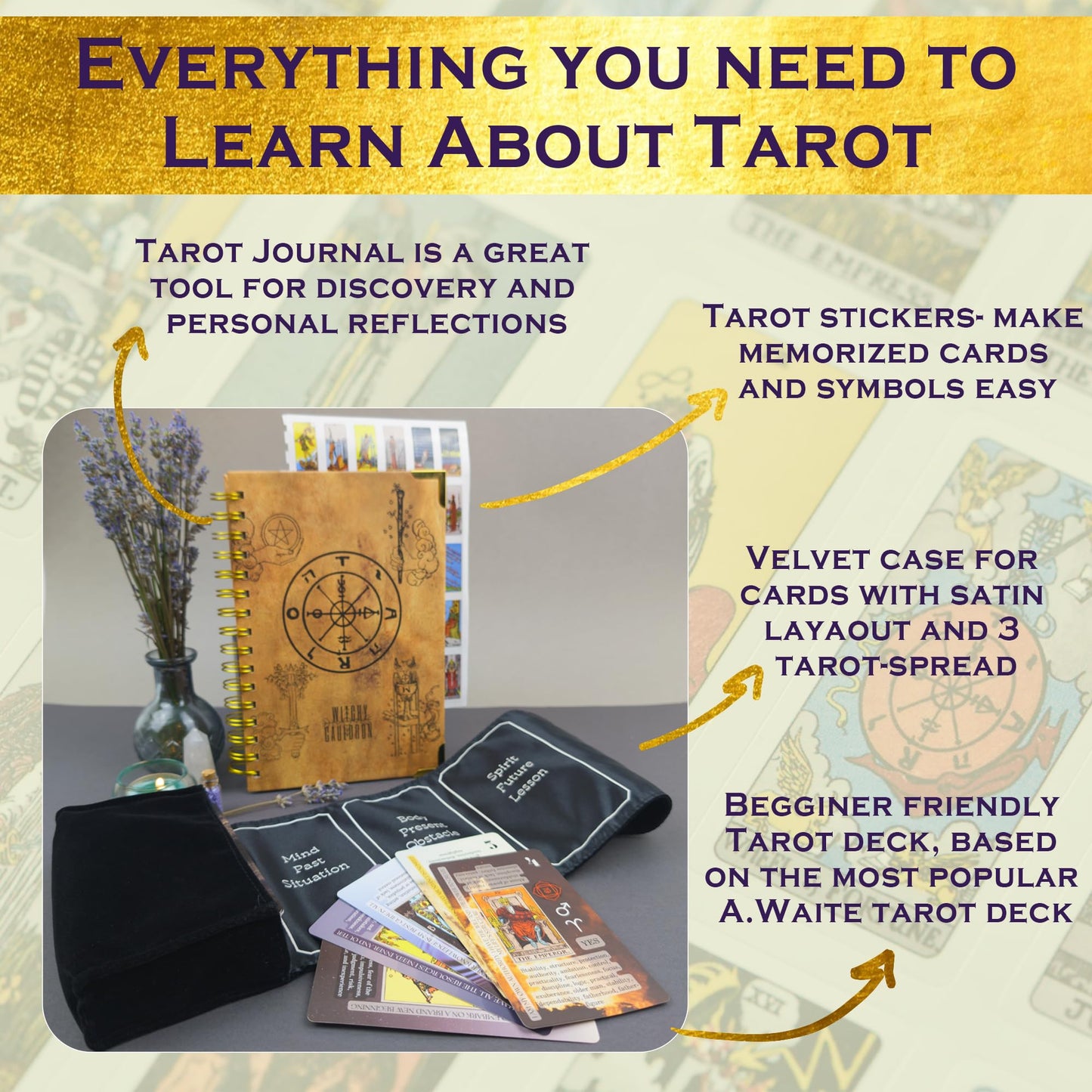 Witchy Cauldron Tarot Learning Set for Beginners: Learning Cards for Beginners, Satin Holder and Tarot Journal for Planning Spir