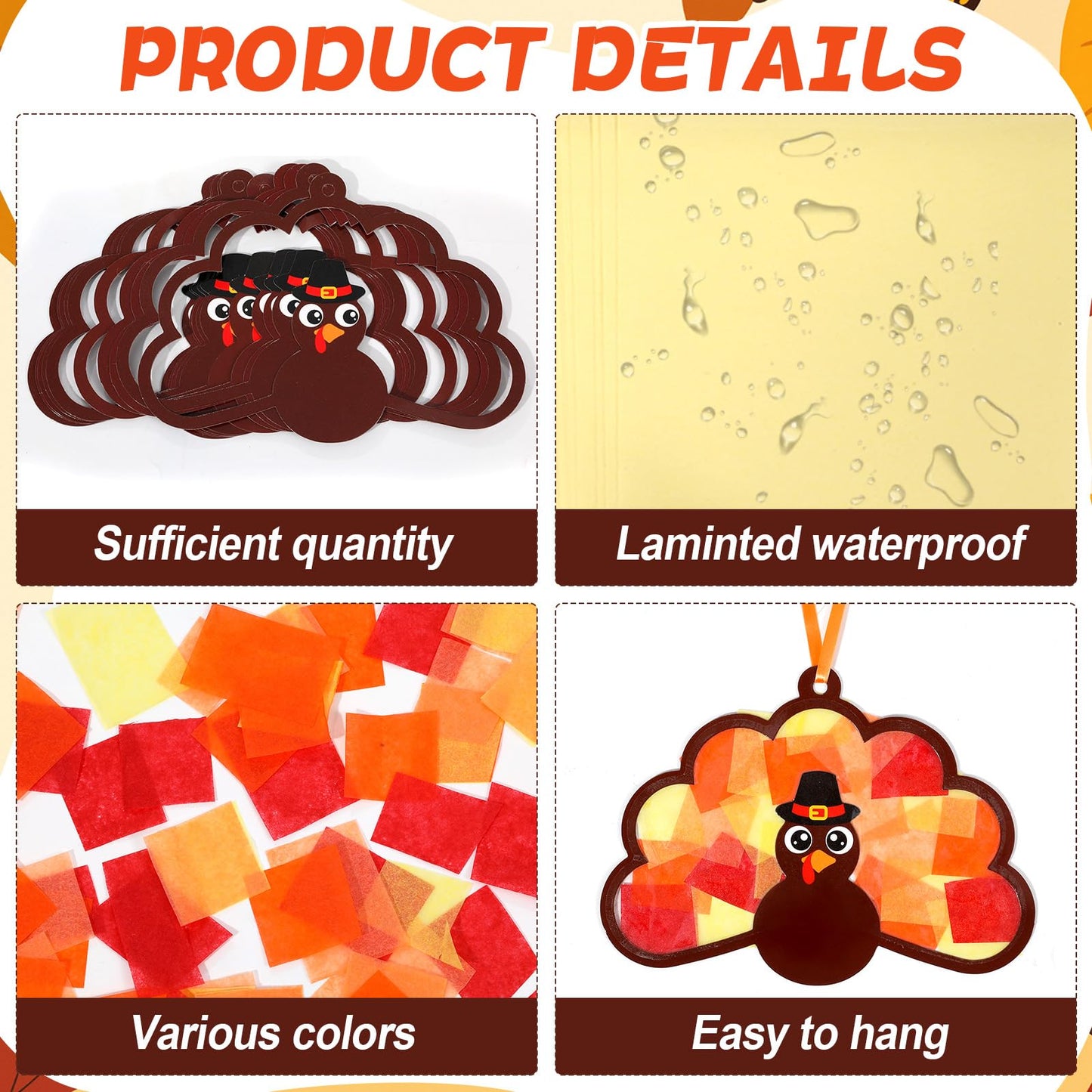 Qyeahkj 36 Set Thanksgiving Turkey Suncatchers Crafts for Kids DIY Fall Window Tissue Paper Craft Kit Autumn Hanging Decor for H