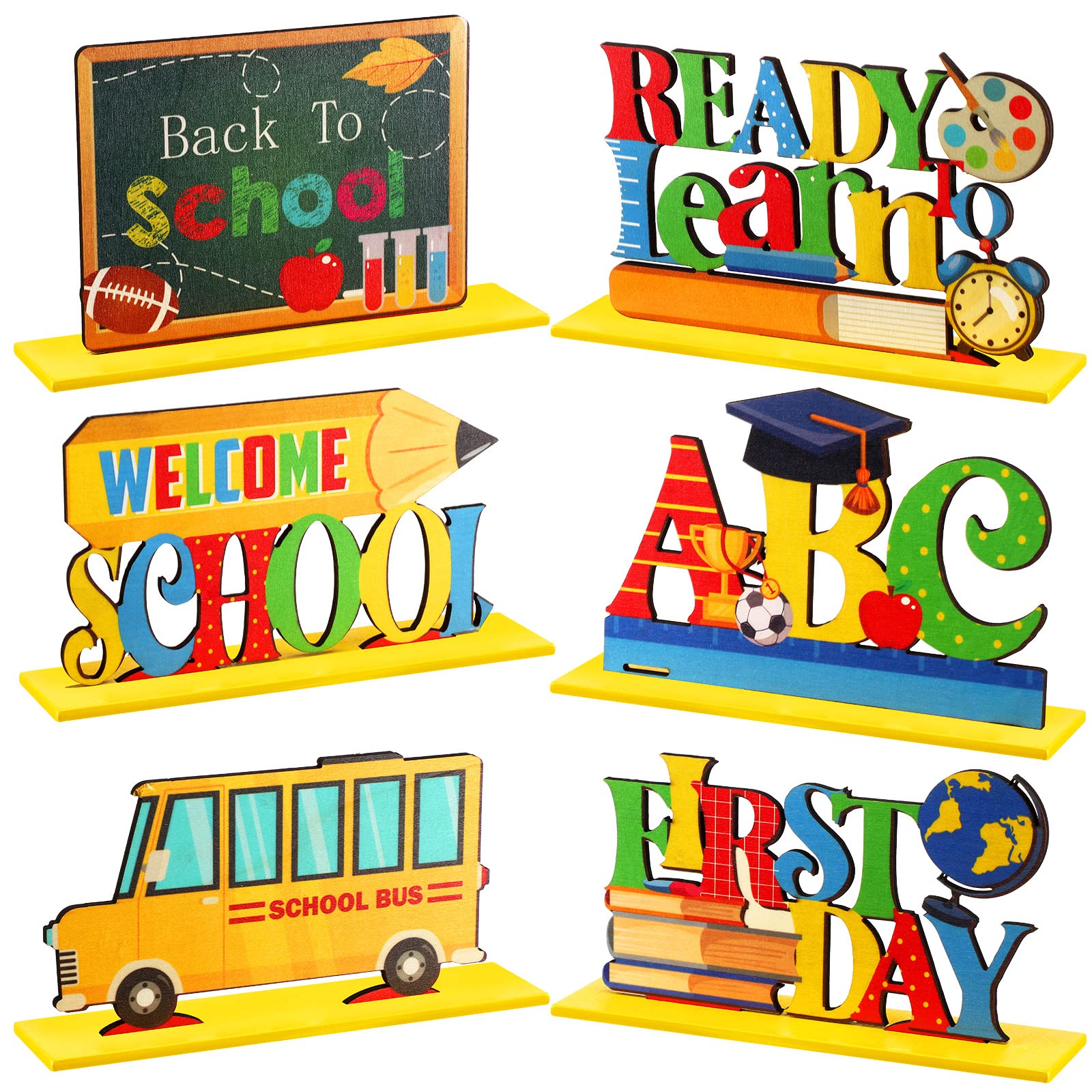 6 Pieces Back to School Party Decorations Wooden First of School Centerpieces Ready to Learn Table Toppers for School Classroom 