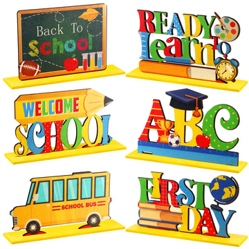 6 Pieces Back to School Party Decorations Wooden First of School Centerpieces Ready to Learn Table Toppers for School Classroom 