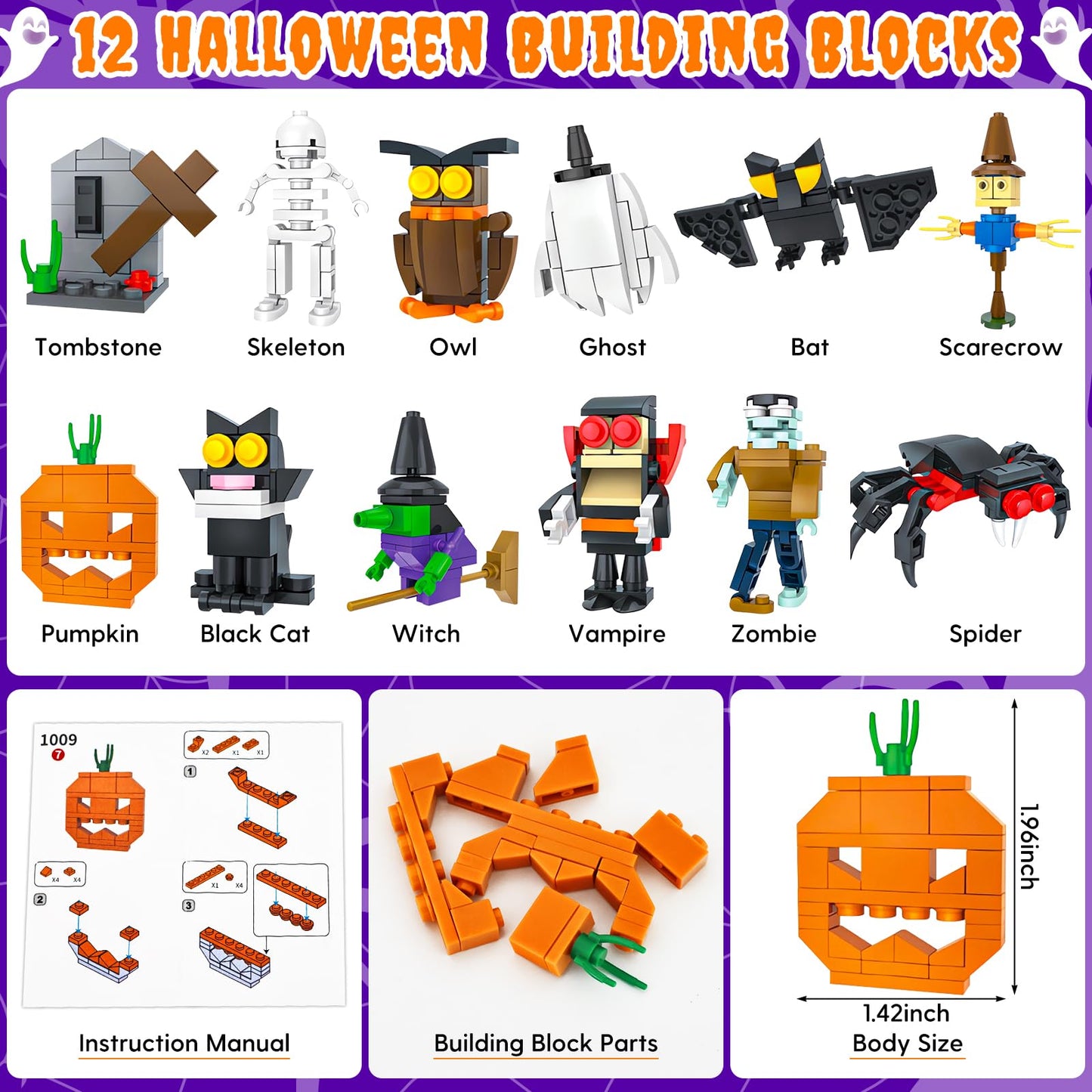 Halloween Party Favors for Kids, 48 Pcs Halloween Pumpkin with Halloween Squishy and Building Blocks, Halloween Goodie Bags Fill