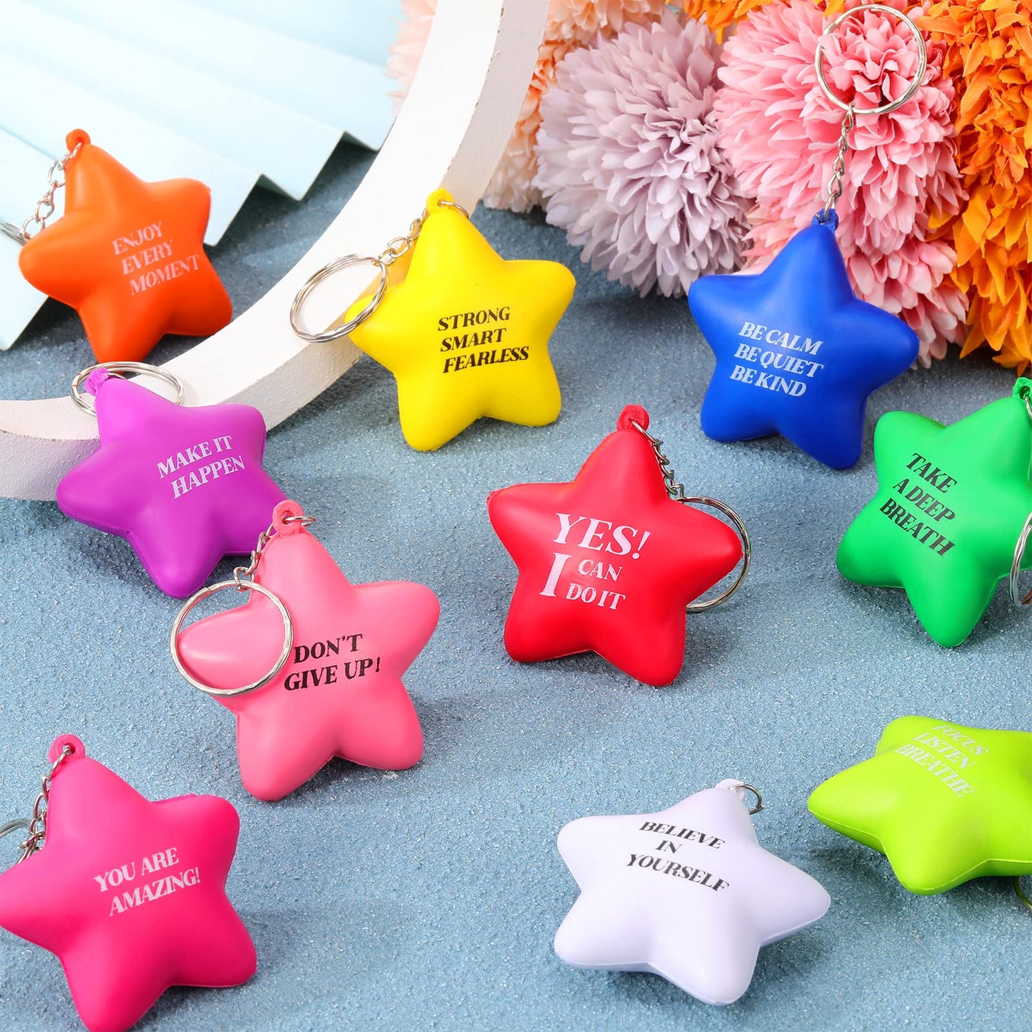 Zomiboo 20 Pcs Motivational Stress Balls Bulk Keychain Foam Star With Relief Quotes Employee Appreciation Gift For Relieve Anger
