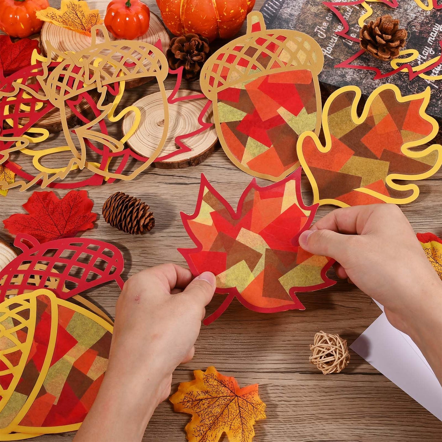 24 Sets Fall Maple Acorn Crafts Kit DIY Tissue Paper Suncatcher Kit Stained Glass Effect Decoration for Autumn Thanksgiving Scho