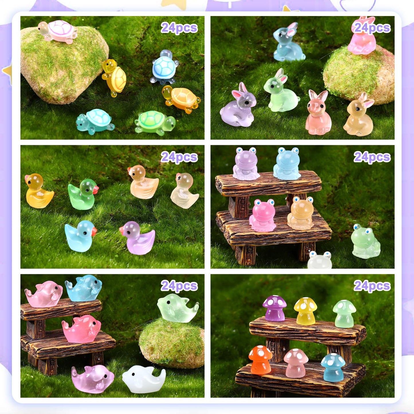 GGSTDDUP 144pcs Luminous Mini Resin Ducks  Dolphin  Turtle  Rabbit  Frog  Mushroom  Resin Animals Glow in The Dark for Dollhouse Garden Decoration (6 Styles)