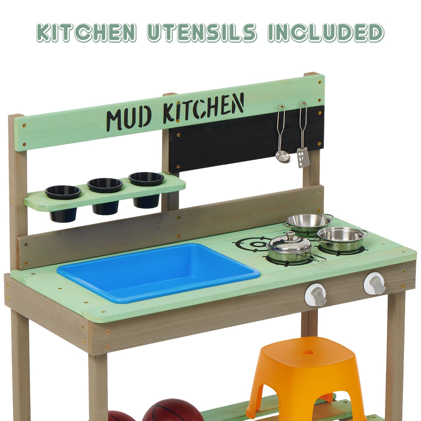 Mederra Kids Play Kitchen, Wood Mud Kitchen with Water Play Set & Cooking Toys for Outdoor, Gift for 3~8
